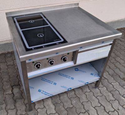 Abbildung: CNS-Arbeitsschrank 995x800 mm mit Berner-Einbau-Kochfeld 370x720 mm